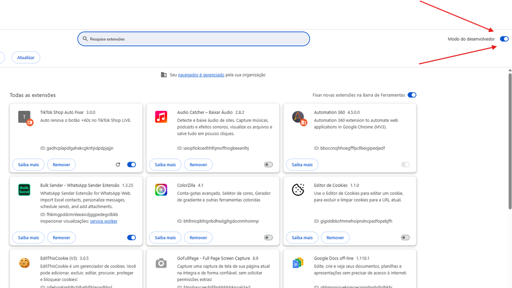 Como Fixar Produto na Live do TikTok Shop pelo PC Automaticamente 4 Ativando o Modo do desenvolvedor nas extensões do Google Chrome