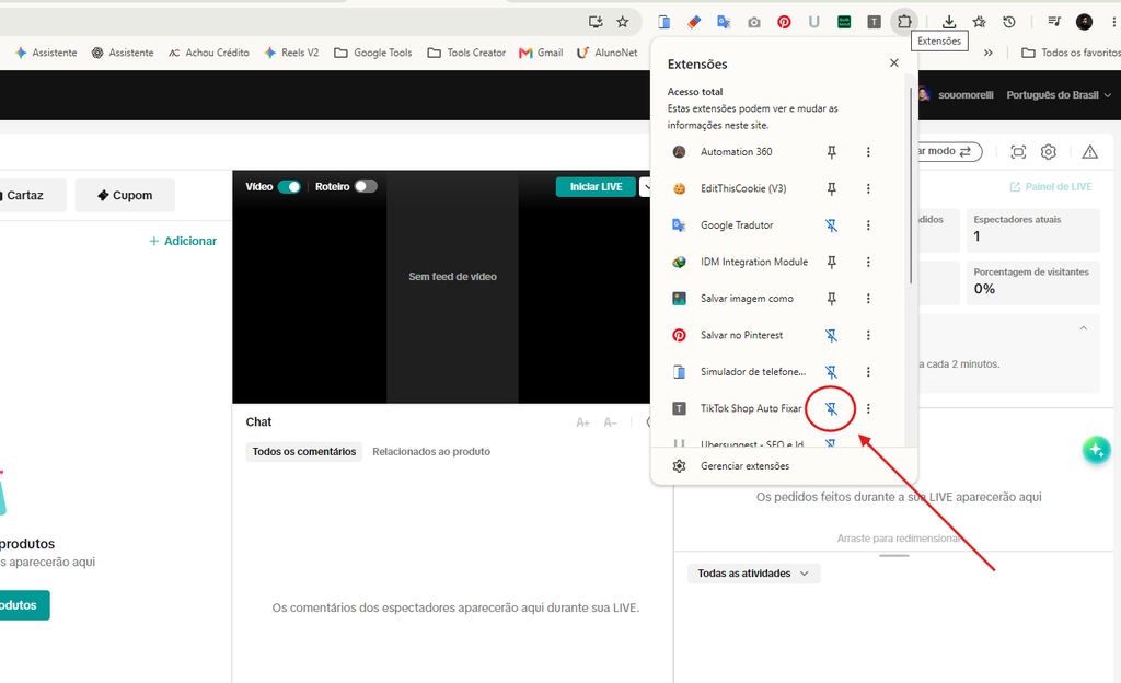 Como Fixar Produto na Live do TikTok Shop pelo PC Automaticamente 7 Abrindo a extensão TikTok Shop Auto Fixar no navegador