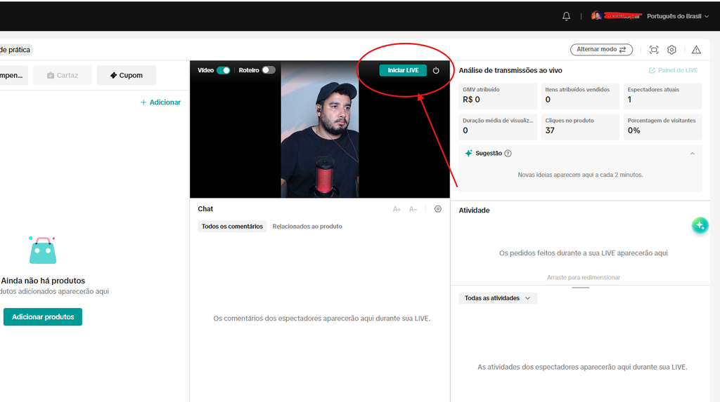 Como Fixar Produto na Live do TikTok Shop pelo PC Automaticamente 9 Painel de produtos da LIVE do TikTok Shop pelo PC