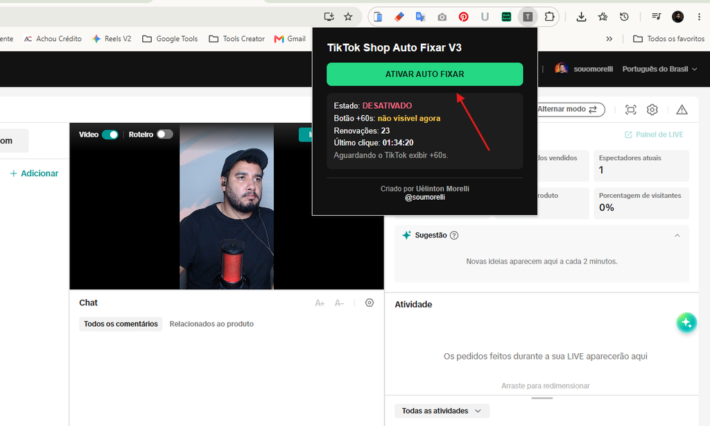 Como Fixar Produto na Live do TikTok Shop pelo PC Automaticamente 8 Botão Ativar Auto Fixar da extensão para TikTok Shop