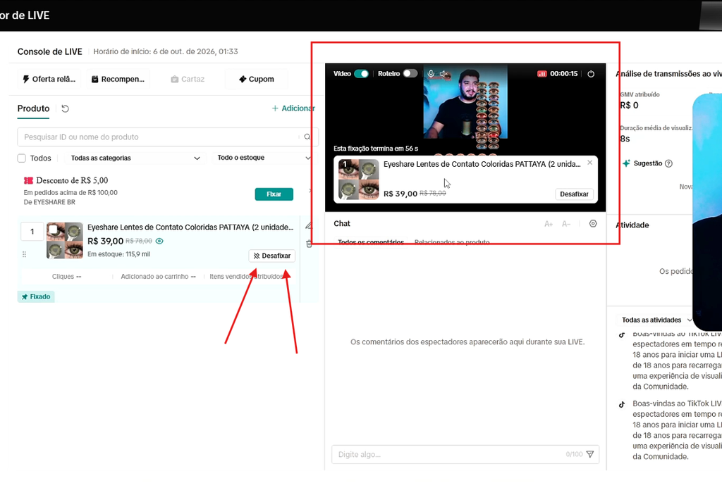 Como Fixar Produto na Live do TikTok Shop pelo PC Automaticamente 10 Produto fixado durante uma LIVE do TikTok Shop